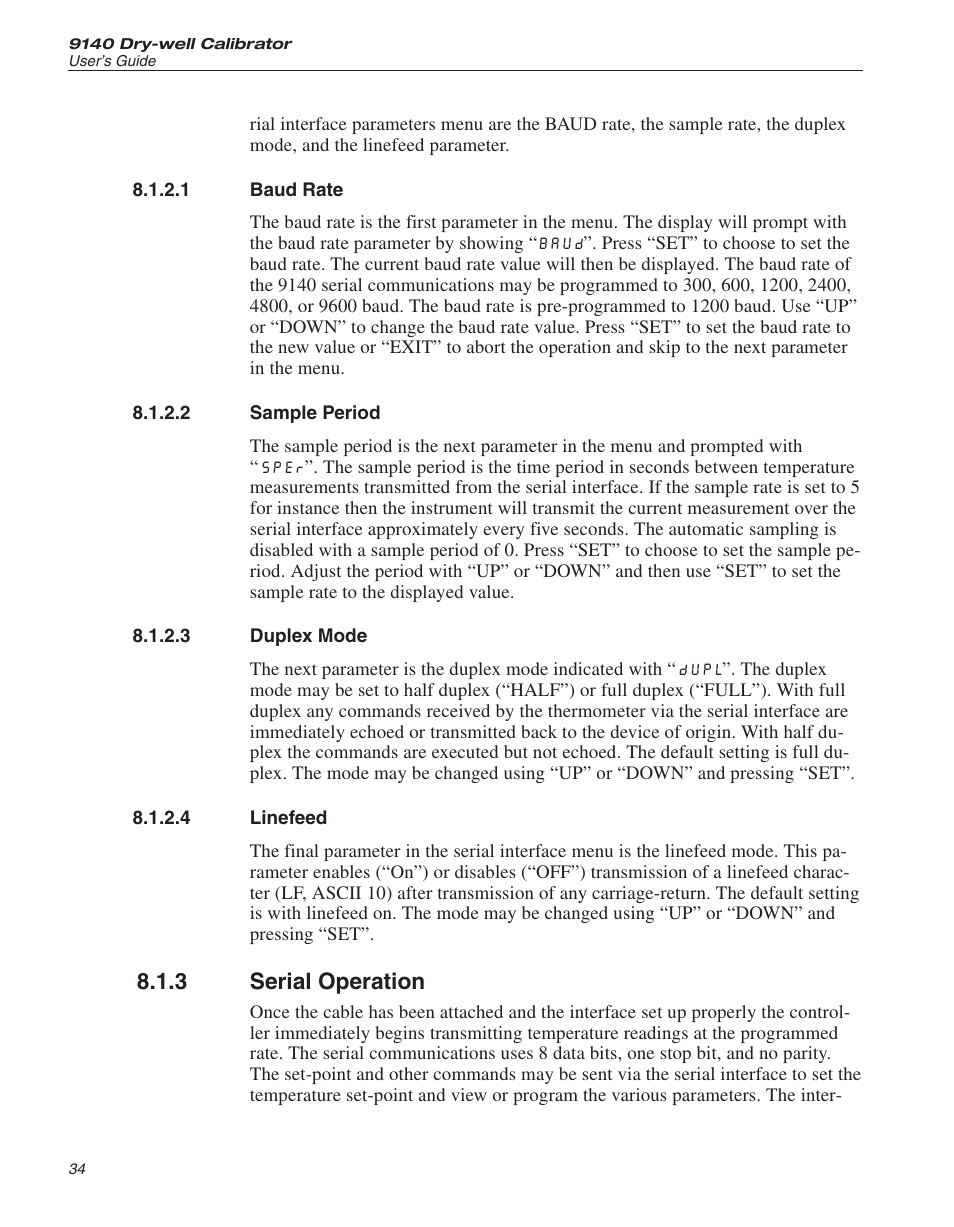 1 baud rate 34, 2 sample period 34, 3 duplex mode 34 | 4 linefeed 34, 3 serial operation 34, Baud rate, Sample period, Duplex mode, Linefeed, Serial operation | Fluke 9140 Dry-well Calibrator User Manual | Page 39 / 52