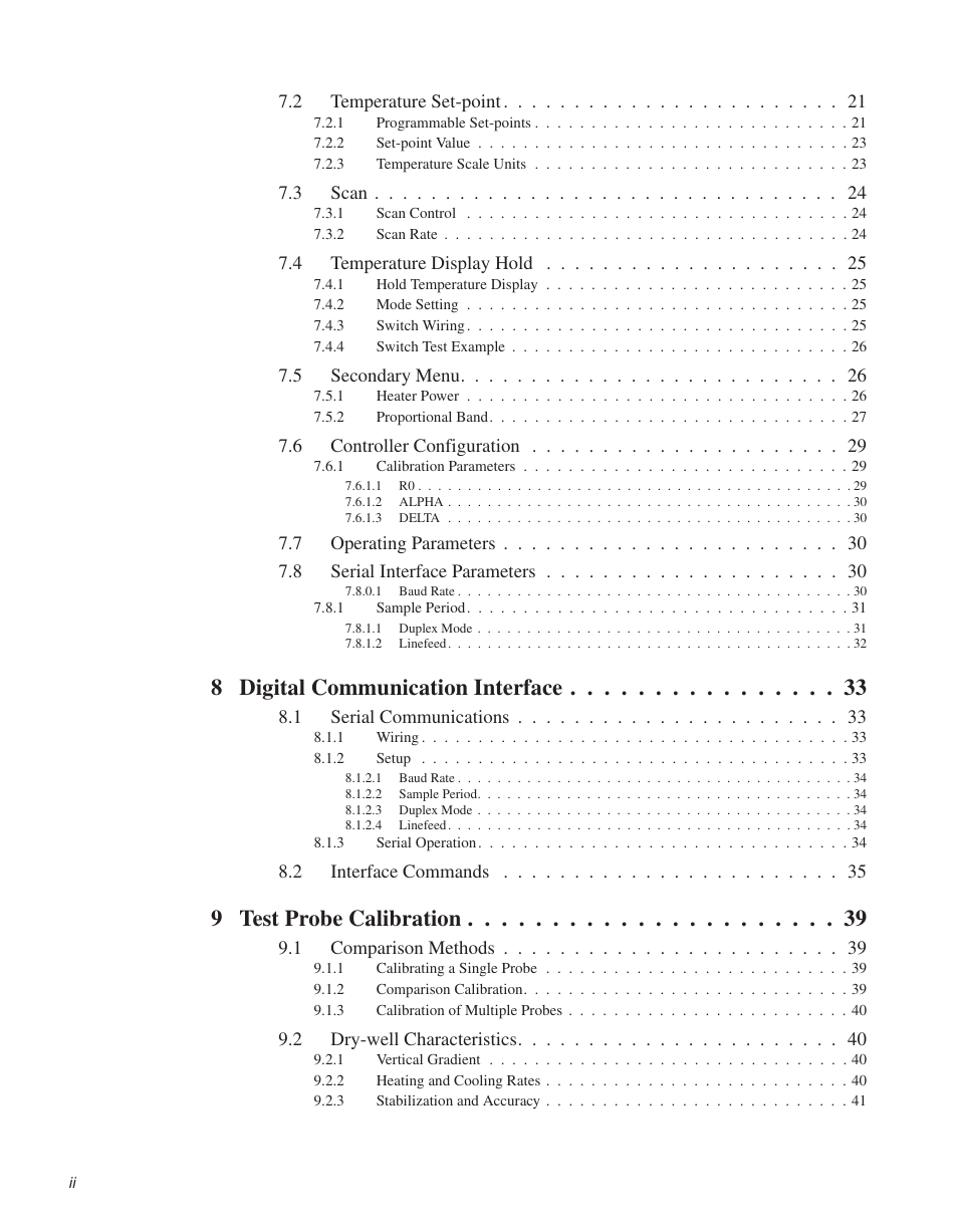8 digital communication interface, 9 test probe calibration | Fluke 9140 Dry-well Calibrator User Manual | Page 4 / 52