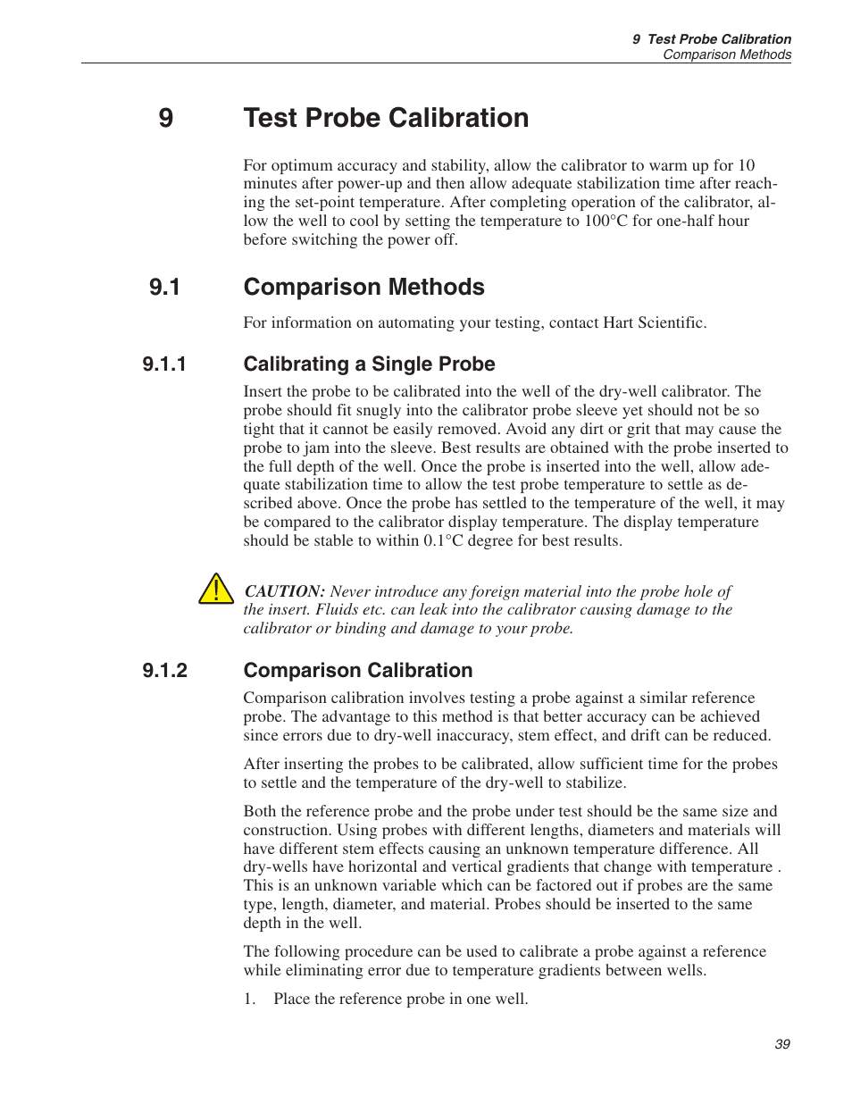 9 test probe calibration 39, 1 comparison methods 39, 1 calibrating a single probe 39 | 2 comparison calibration 39, 9 test probe calibration, Comparison methods, Calibrating a single probe, Comparison calibration, 9test probe calibration, 1 comparison methods | Fluke 9140 Dry-well Calibrator User Manual | Page 43 / 52