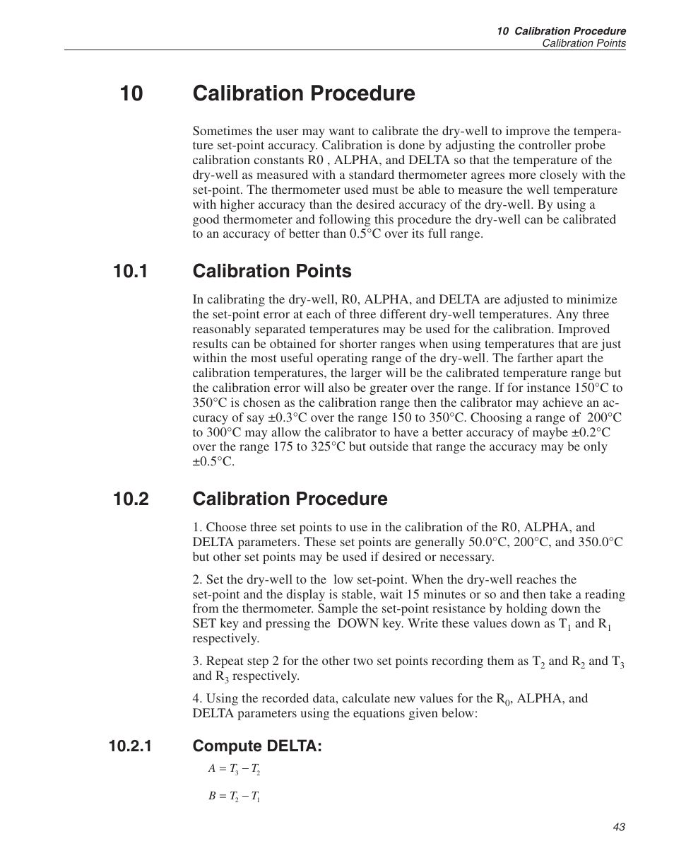 10 calibration procedure 43, 1 calibration points 43, 2 calibration procedure 43 | 1 compute delta: 43, 10 calibration procedure, Calibration points, Calibration procedure, Compute delta, 1 calibration points, 2 calibration procedure | Fluke 9140 Dry-well Calibrator User Manual | Page 47 / 52