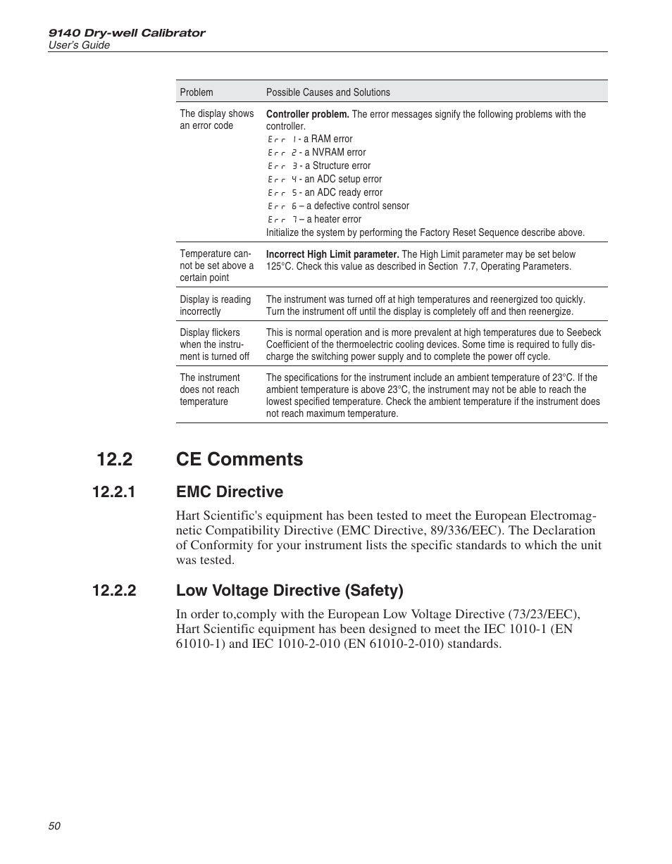 2 ce comments 50, 1 emc directive 50, 2 low voltage directive (safety) 50 | Ce comments, Emc directive, Low voltage directive (safety), 2 ce comments, 1 emc directive, 2 low voltage directive (safety) | Fluke 9140 Dry-well Calibrator User Manual | Page 52 / 52