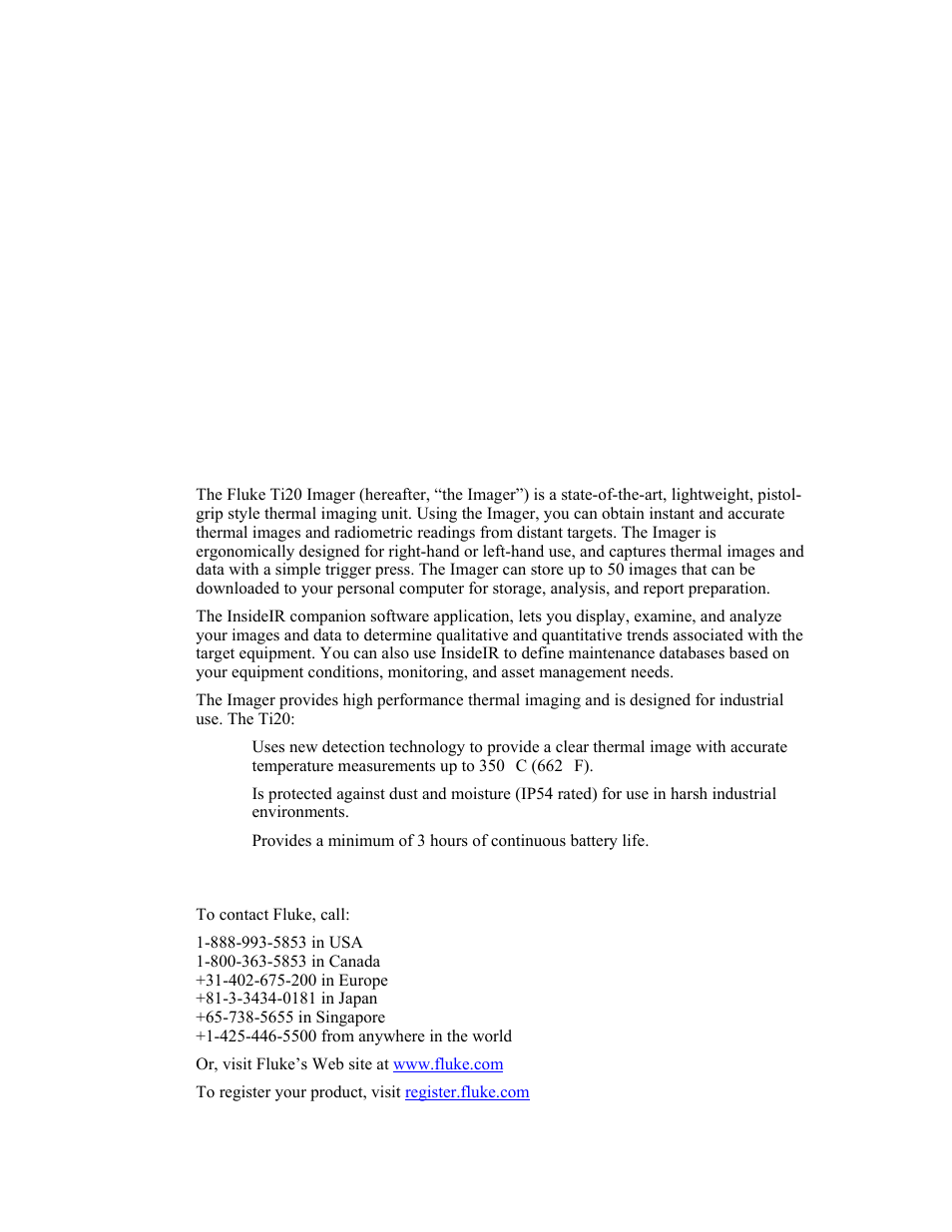 Getting started, Introduction, Contacting fluke | Chapter 1 | Fluke Ti20 User Manual | Page 9 / 68