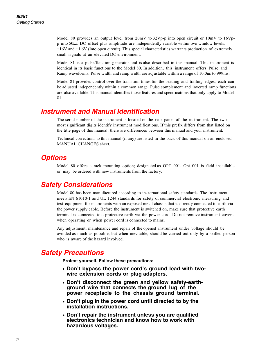 Instrument and manual identification, Options, Safety considerations | Safety precautions | Fluke PN 2430621 User Manual | Page 4 / 6