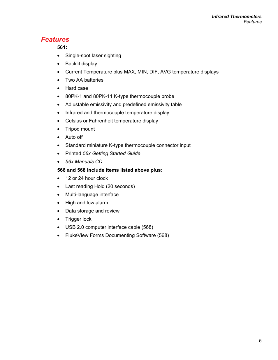 Features | Fluke 56X User Manual | Page 13 / 34