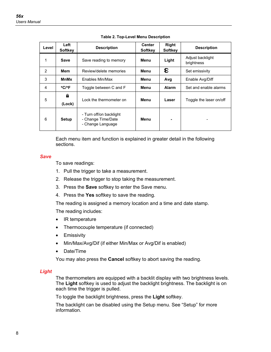 Save, Light | Fluke 56X User Manual | Page 16 / 34