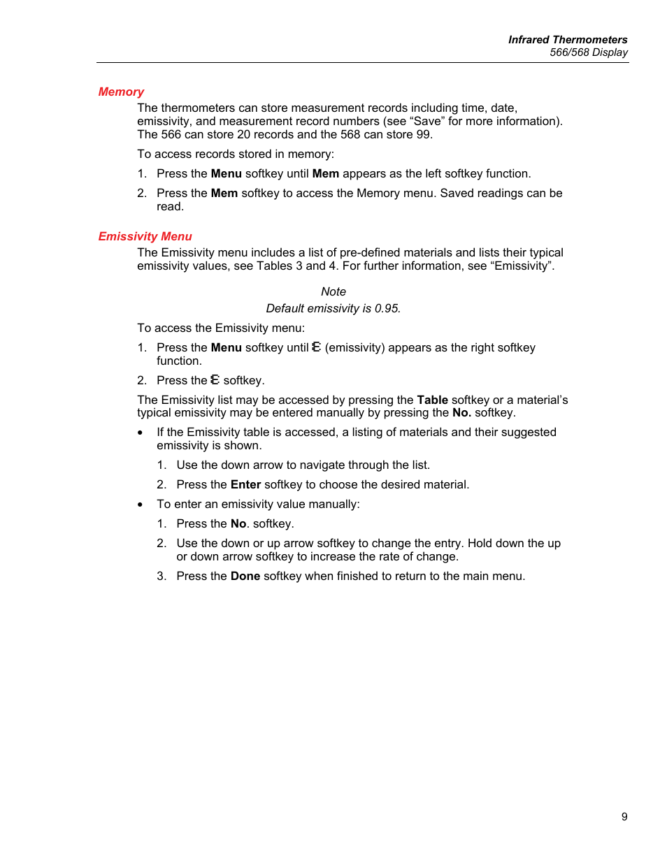 Memory, Emissivity menu | Fluke 56X User Manual | Page 17 / 34