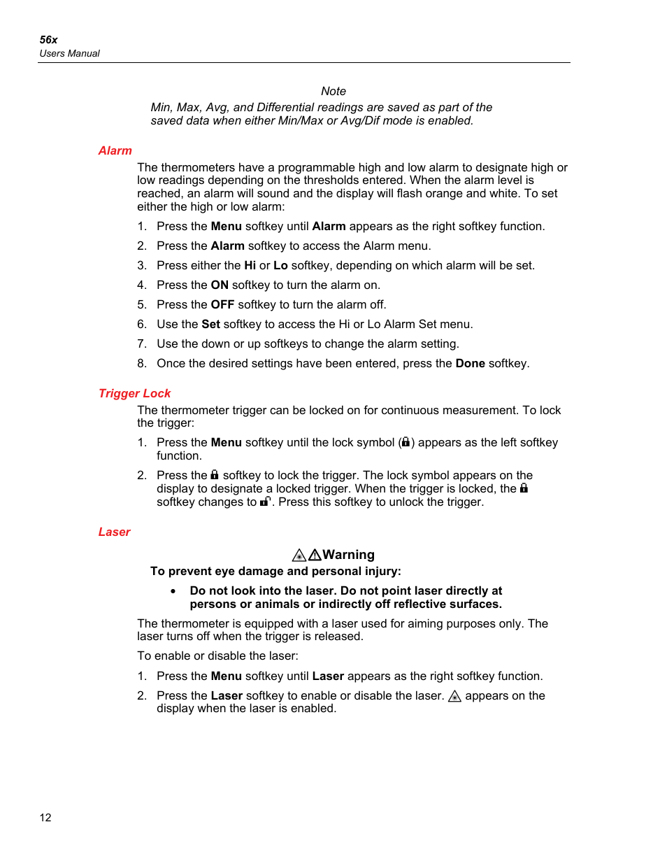 Alarm, Trigger lock, Laser | Fluke 56X User Manual | Page 20 / 34