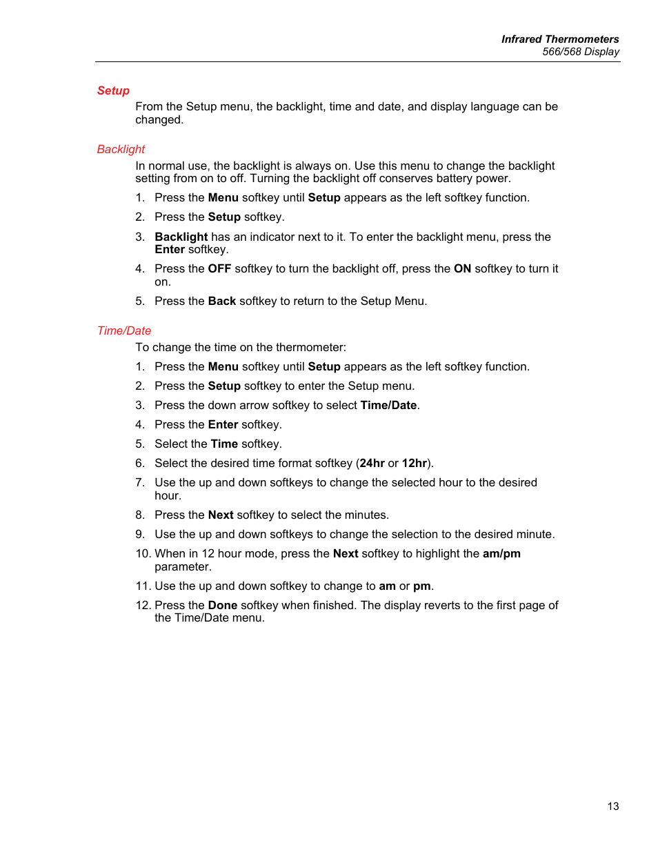 Setup, Backlight, Time/date | Fluke 56X User Manual | Page 21 / 34