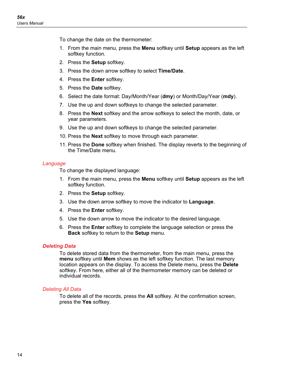 Language, Deleting data, Deleting all data | Fluke 56X User Manual | Page 22 / 34