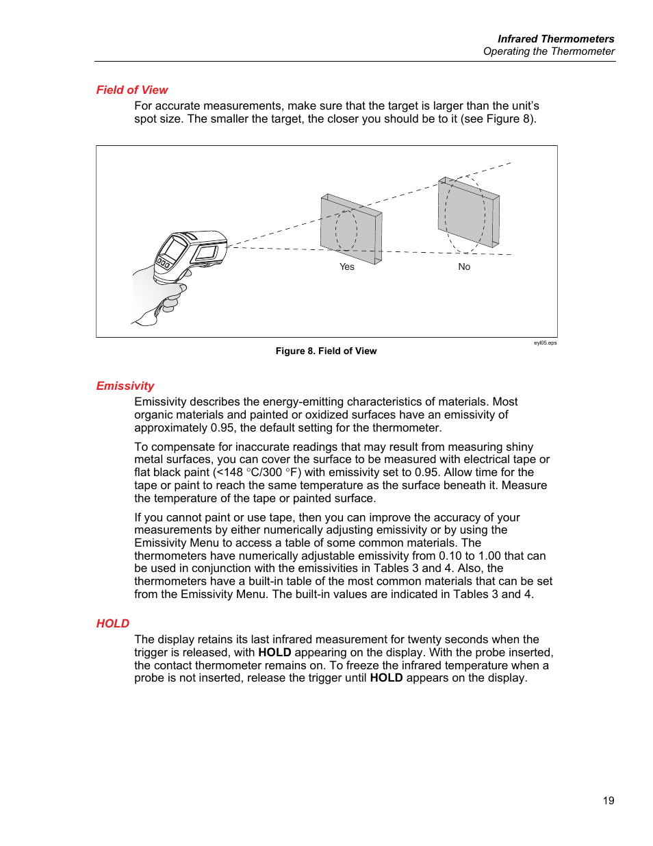 Field of view, Emissivity, Hold | Fluke 56X User Manual | Page 27 / 34