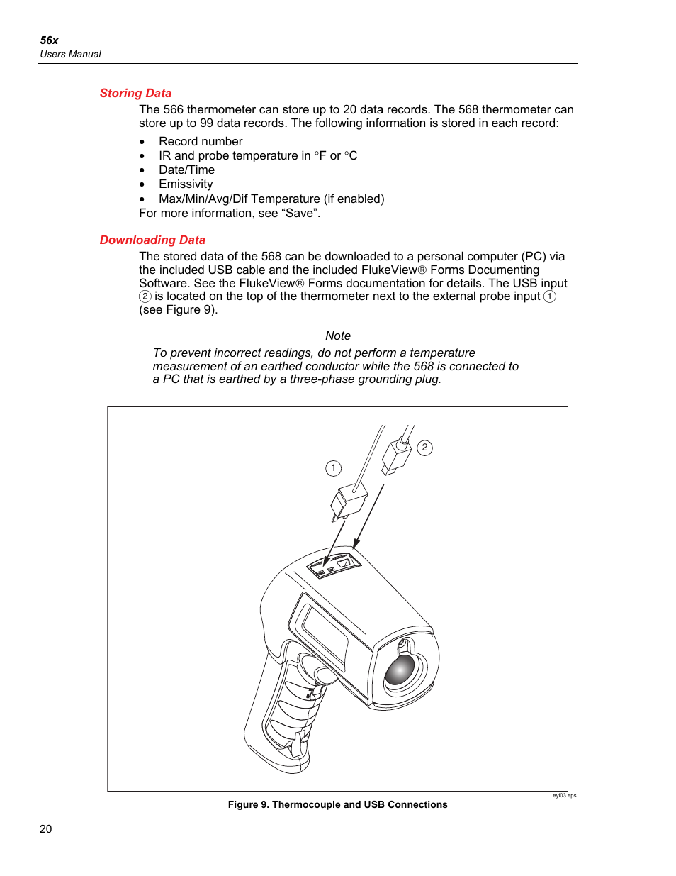 Storing data, Downloading data | Fluke 56X User Manual | Page 28 / 34