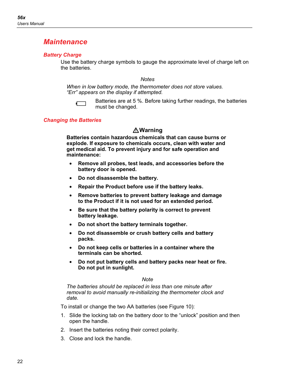 Maintenance, Battery charge, Changing the batteries | Fluke 56X User Manual | Page 30 / 34