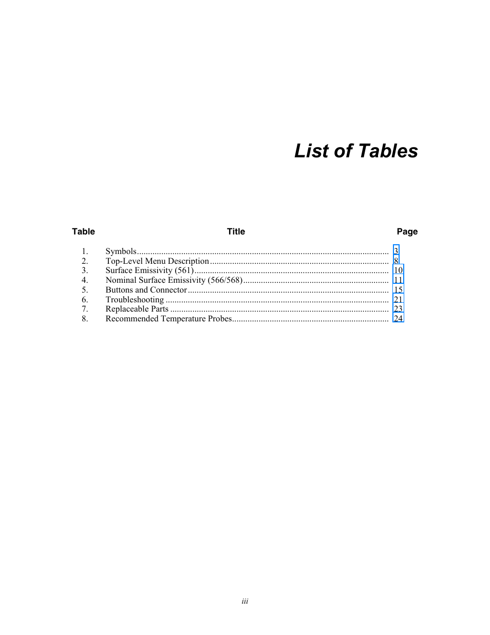 List of tables | Fluke 56X User Manual | Page 5 / 34