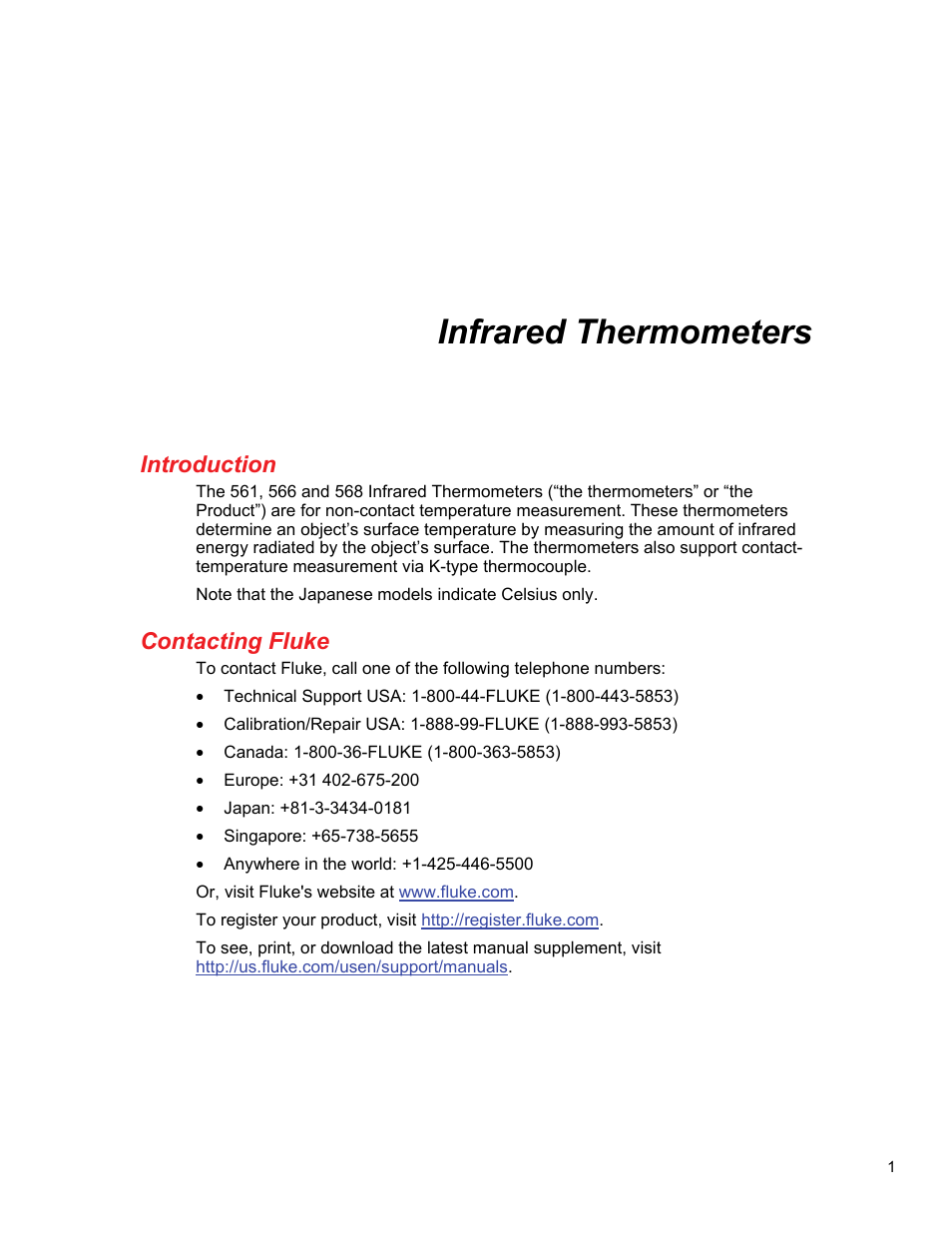 Introduction, Contacting fluke, Infrared thermometers | Fluke 56X User Manual | Page 9 / 34