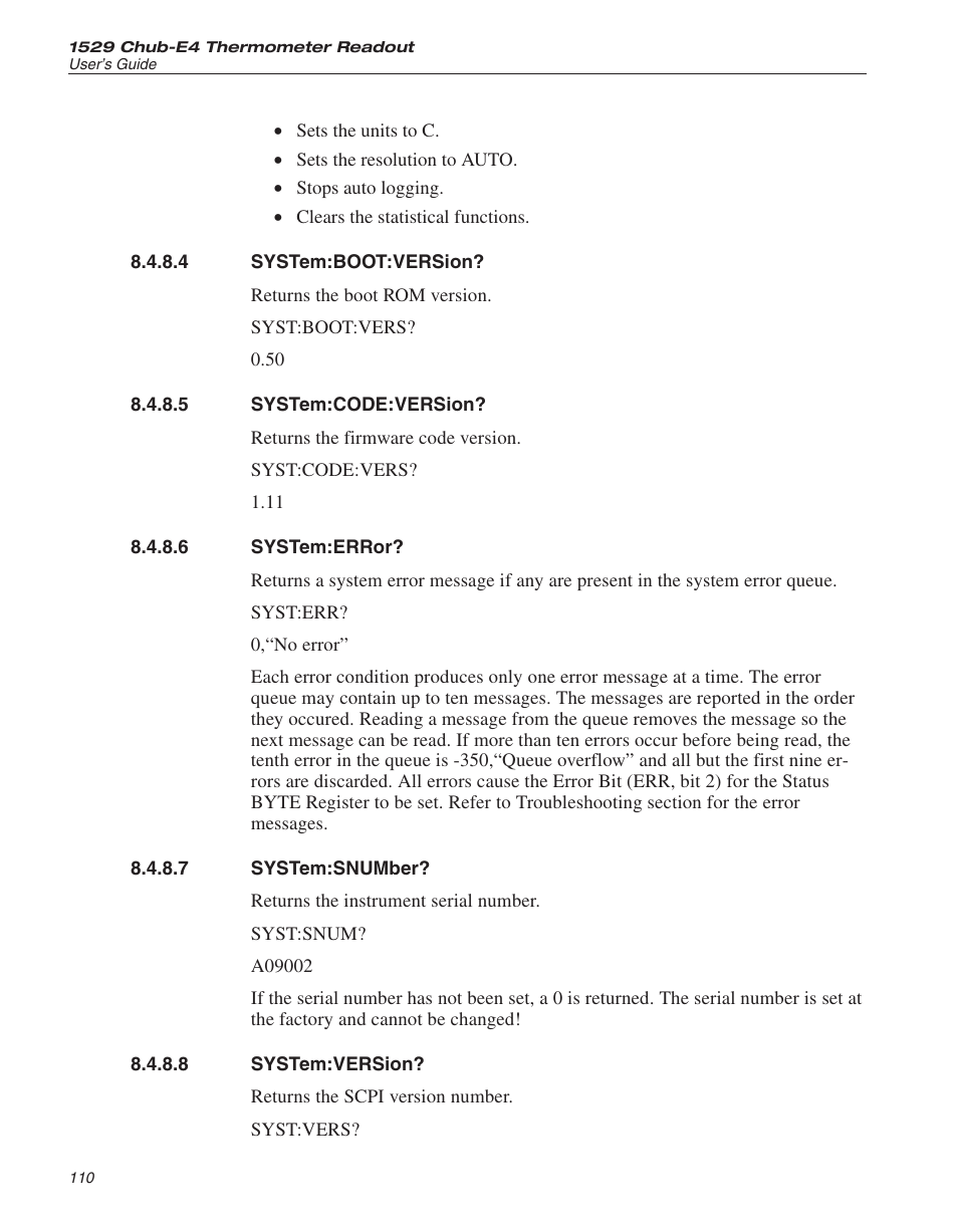4 system:boot:version? 110, 5 system:code:version? 110, 6 system:error? 110 | 7 system:snumber? 110, 8 system:version? 110, System:boot:version, System:code:version, System:error, System:snumber, System:version | Fluke THE HART 1529 User Manual | Page 116 / 150