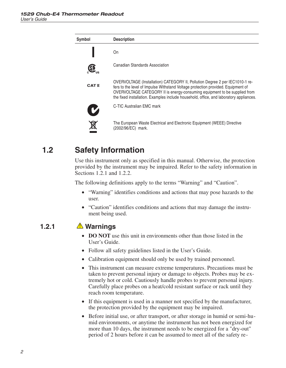 2 safety information 2, 1 warnings 2, Safety information | Warnings, 2 safety information, 1 warnings | Fluke THE HART 1529 User Manual | Page 13 / 150