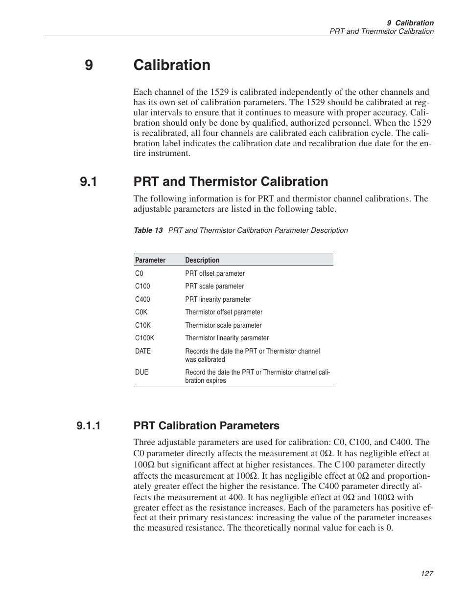 9 calibration 127, 1 prt and thermistor calibration 127, 1 prt calibration parameters 127 | Calibration 127, 137, Calibration, Prt and thermistor calibration, Prt calibration parameters, Table 13, 9calibration, 1 prt and thermistor calibration | Fluke THE HART 1529 User Manual | Page 133 / 150
