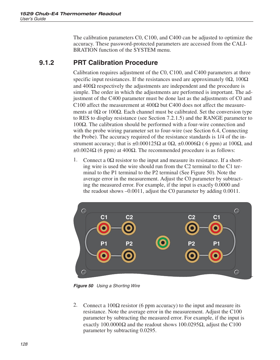2 prt calibration procedure 128, Figure 50 using a shorting wire 128, Prt calibration procedure | Figure 50, Using a shorting wire, 2 prt calibration procedure | Fluke THE HART 1529 User Manual | Page 134 / 150