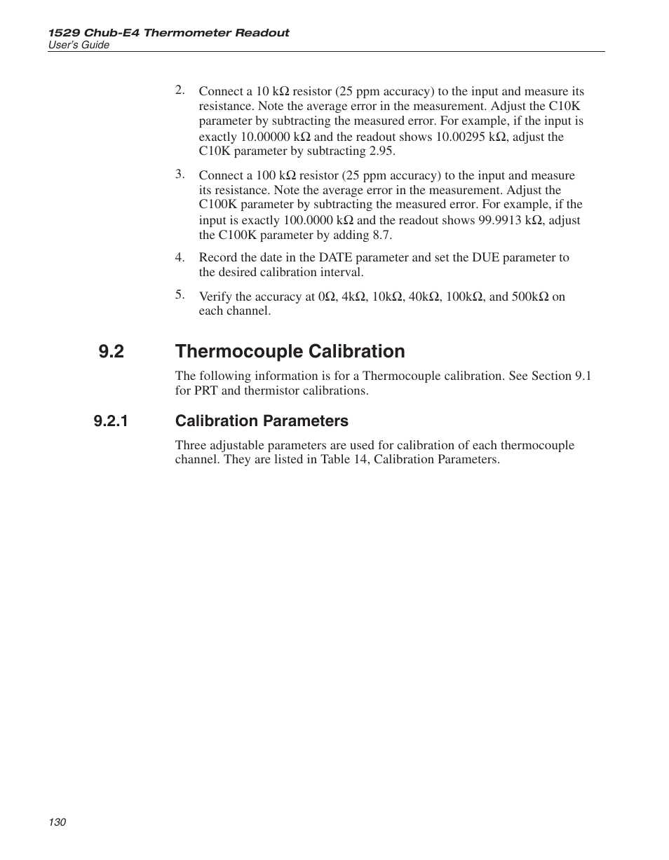 2 thermocouple calibration 130, 1 calibration parameters 130, Thermocouple calibration | Calibration parameters, 2 thermocouple calibration | Fluke THE HART 1529 User Manual | Page 136 / 150