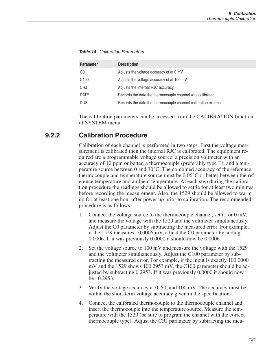 2 calibration procedure 131, Table 14 calibration parameters 131, Calibration procedure | Table 14, Calibration parameters, 2 calibration procedure | Fluke THE HART 1529 User Manual | Page 137 / 150