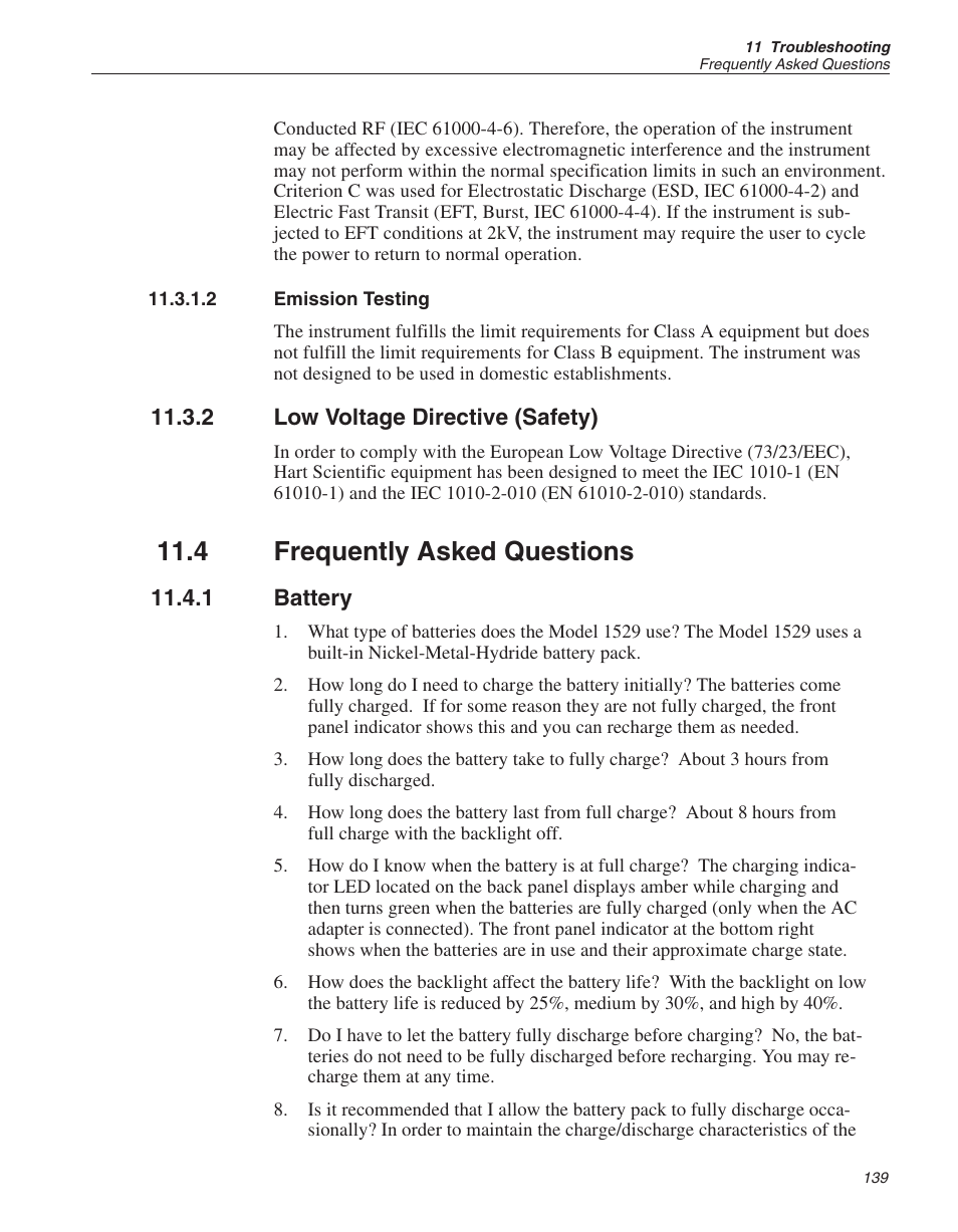 1 immunity testing 139, 2 emission testing 139, 2 low voltage directive (safety) 139 | 4 frequently asked questions 139, 1 battery 139, Immunity testing, Emission testing, Low voltage directive (safety), Frequently asked questions, Battery | Fluke THE HART 1529 User Manual | Page 144 / 150