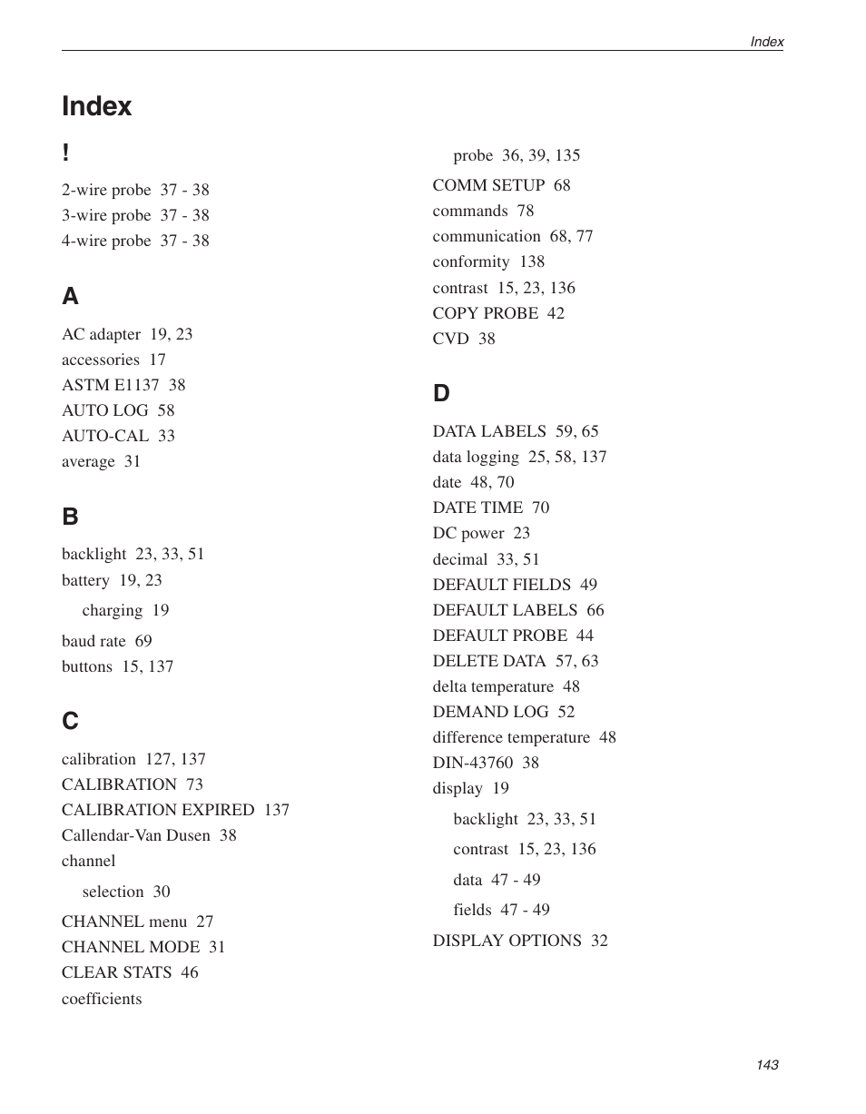 Index | Fluke THE HART 1529 User Manual | Page 148 / 150