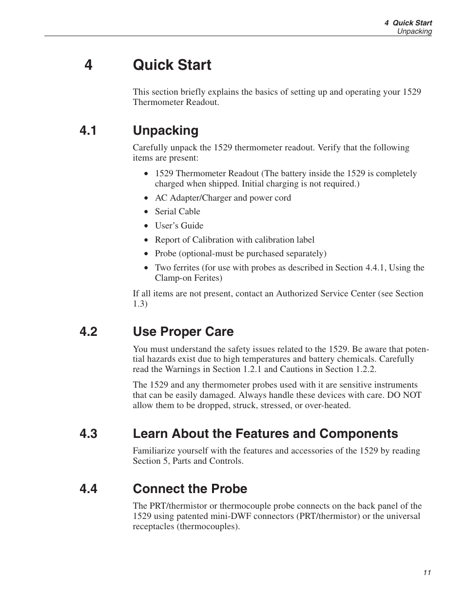 4 quick start 11, 1 unpacking 11, 2 use proper care 11 | 3 learn about the features and components 11, 4 connect the probe 11, Quick start, Unpacking, Use proper care, Learn about the features and components, Connect the probe | Fluke THE HART 1529 User Manual | Page 20 / 150