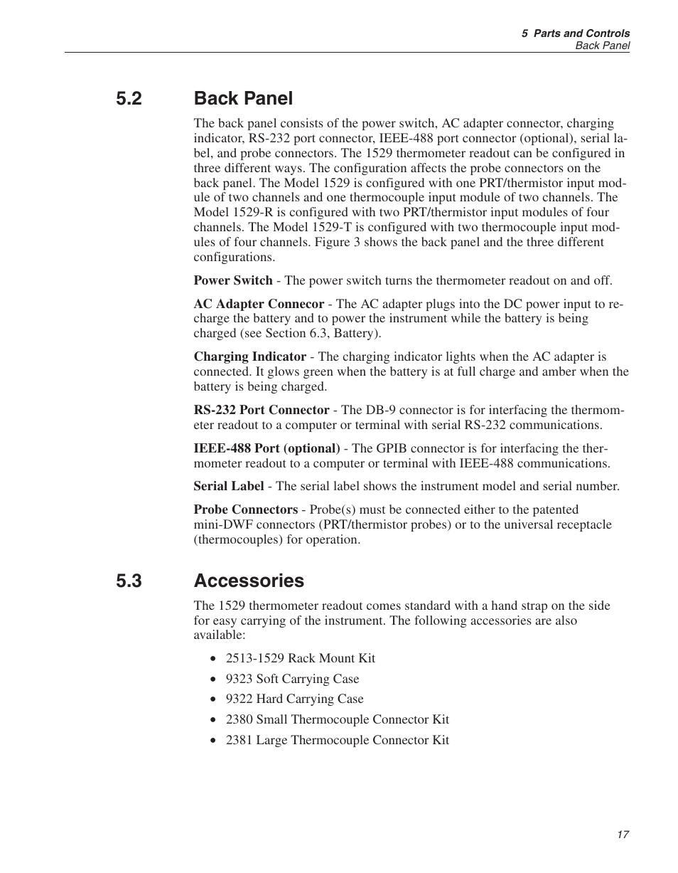 2 back panel 17, 3 accessories 17, Accessories 17 | Rack mounting 17, Back panel, Accessories, 2 back panel, 3 accessories | Fluke THE HART 1529 User Manual | Page 25 / 150