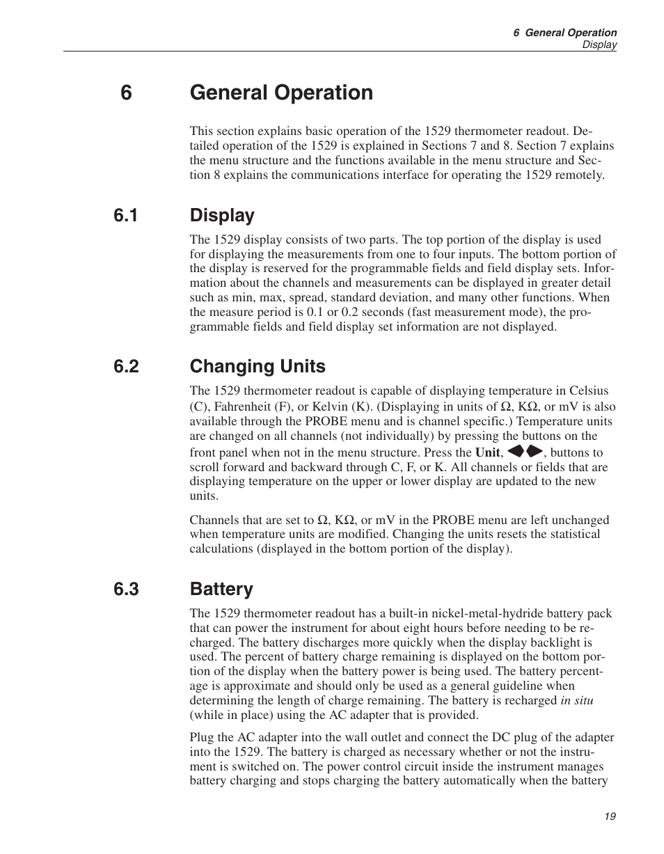 6 general operation 19, 1 display 19, 2 changing units 19 | 3 battery 19, Ac adapter 19, 23, Battery 19, 23, Charging 19, Display 19, General operation, Display | Fluke THE HART 1529 User Manual | Page 26 / 150