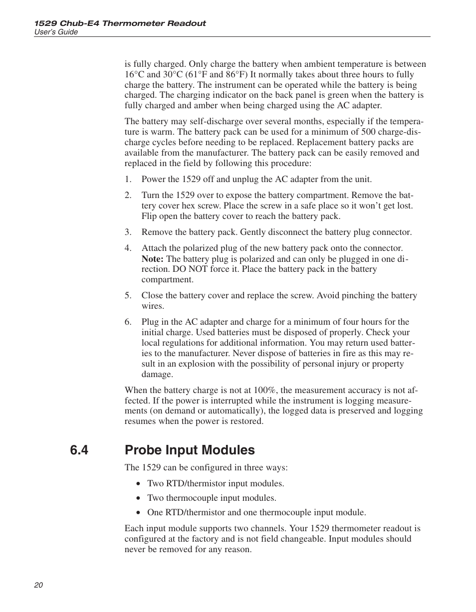 4 probe input modules 20, Probe input modules, 4 probe input modules | Fluke THE HART 1529 User Manual | Page 27 / 150