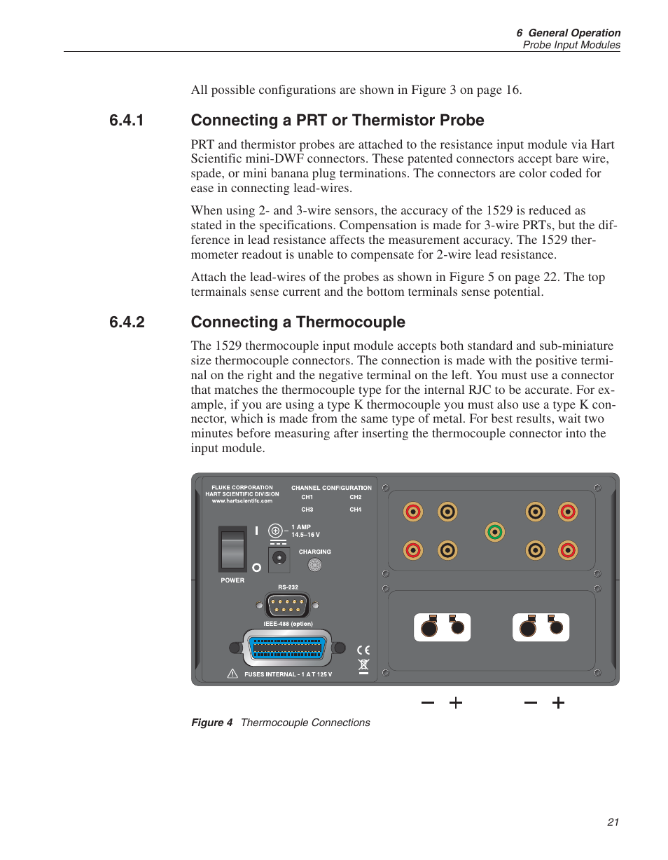 1 connecting a prt or thermistor probe 21, 2 connecting a thermocouple 21, Figure 4 thermocouple connections 21 | Probe 21, 34 - 35, Wires 21, 37 - 39, Prt 21, Sensor 21, Thermistor 21, 39 - 40, Thermocouple 21, 41, Probe 21, 37 - 39 | Fluke THE HART 1529 User Manual | Page 28 / 150