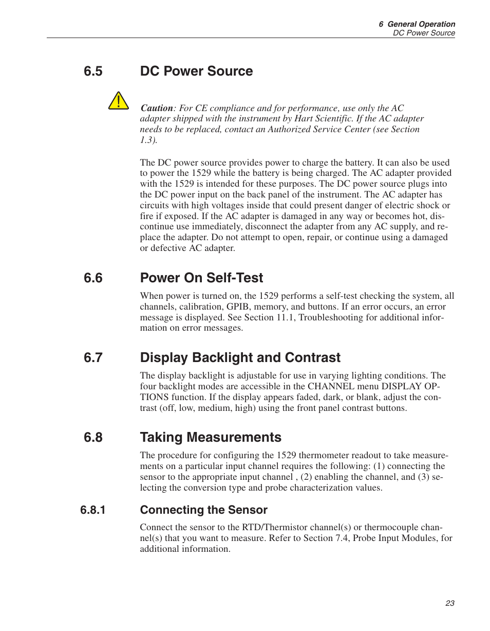 5 dc power source 23, 6 power on self-test 23, 7 display backlight and contrast 23 | 8 taking measurements 23, 1 connecting the sensor 23, Backlight 23, 33, 51, Dc power 23, Self-test 23, 136, Dc power source, Power on self-test | Fluke THE HART 1529 User Manual | Page 30 / 150