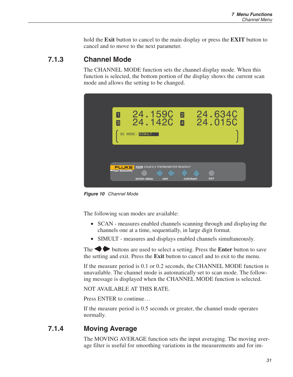 3 channel mode 31, 4 moving average 31, Figure 10 channel mode 31 | Average 31, Channel mode 31, Filter 31, Moving average 31, Scan 31, Channel mode, Moving average | Fluke THE HART 1529 User Manual | Page 37 / 150