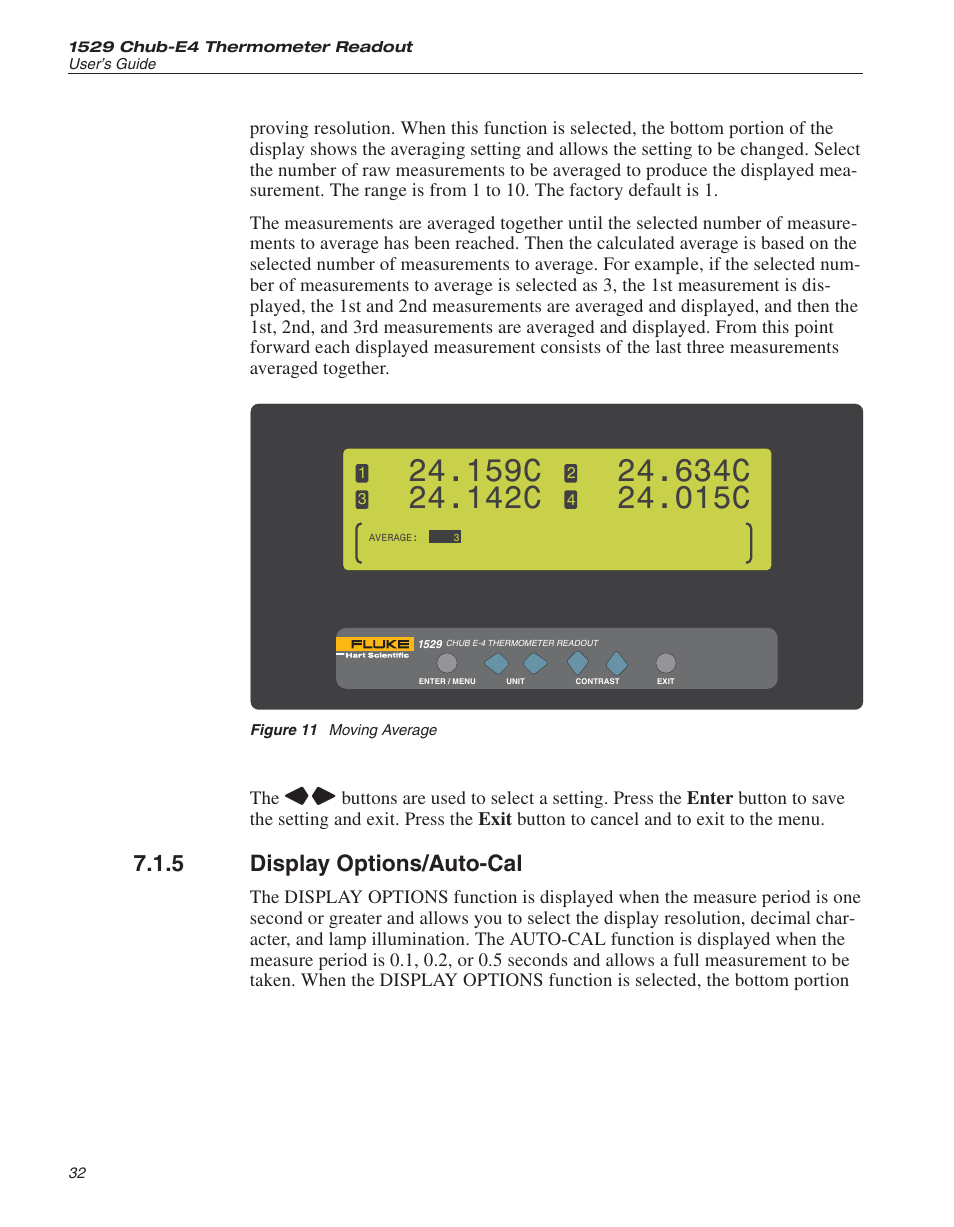 5 display options/auto-cal 32, Figure 11 moving average 32, Display options 32 | Display options/auto-cal, Figure 11, Moving average, 159c, 142c, 634c, 015c | Fluke THE HART 1529 User Manual | Page 38 / 150