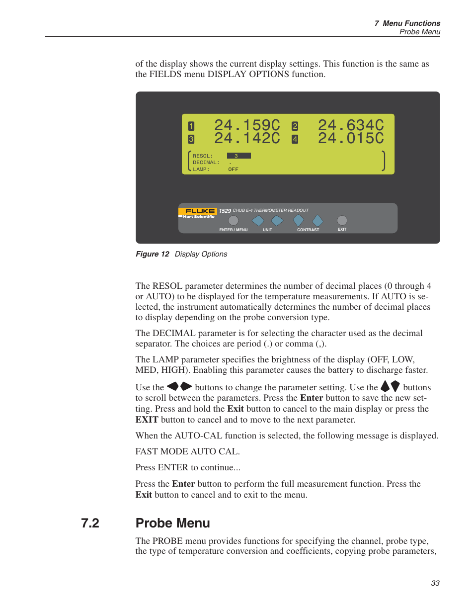 2 probe menu 33, Figure 12 display options 33, Auto-cal 33 | Decimal 33, 51, Lamp 33, 51, Probe menu 33, Resolution 33, 51, Probe menu, Figure 12, Display options | Fluke THE HART 1529 User Manual | Page 39 / 150