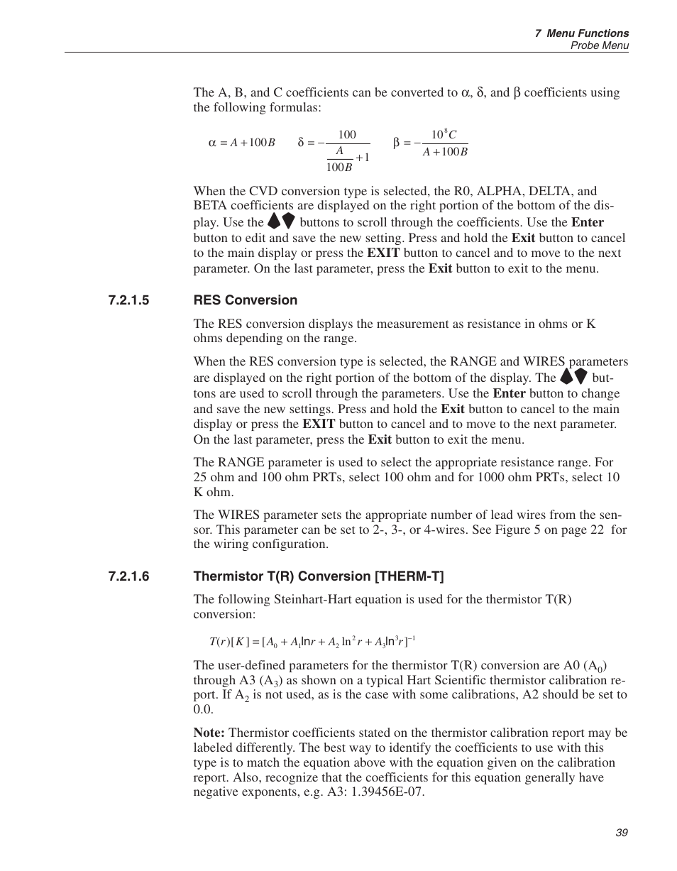 5 res conversion 39, 6 thermistor t(r) conversion [therm-t] 39, Resistance 39, 48 | Steinhart-hart 39, Res conversion, Thermistor t(r) conversion [therm-t | Fluke THE HART 1529 User Manual | Page 45 / 150