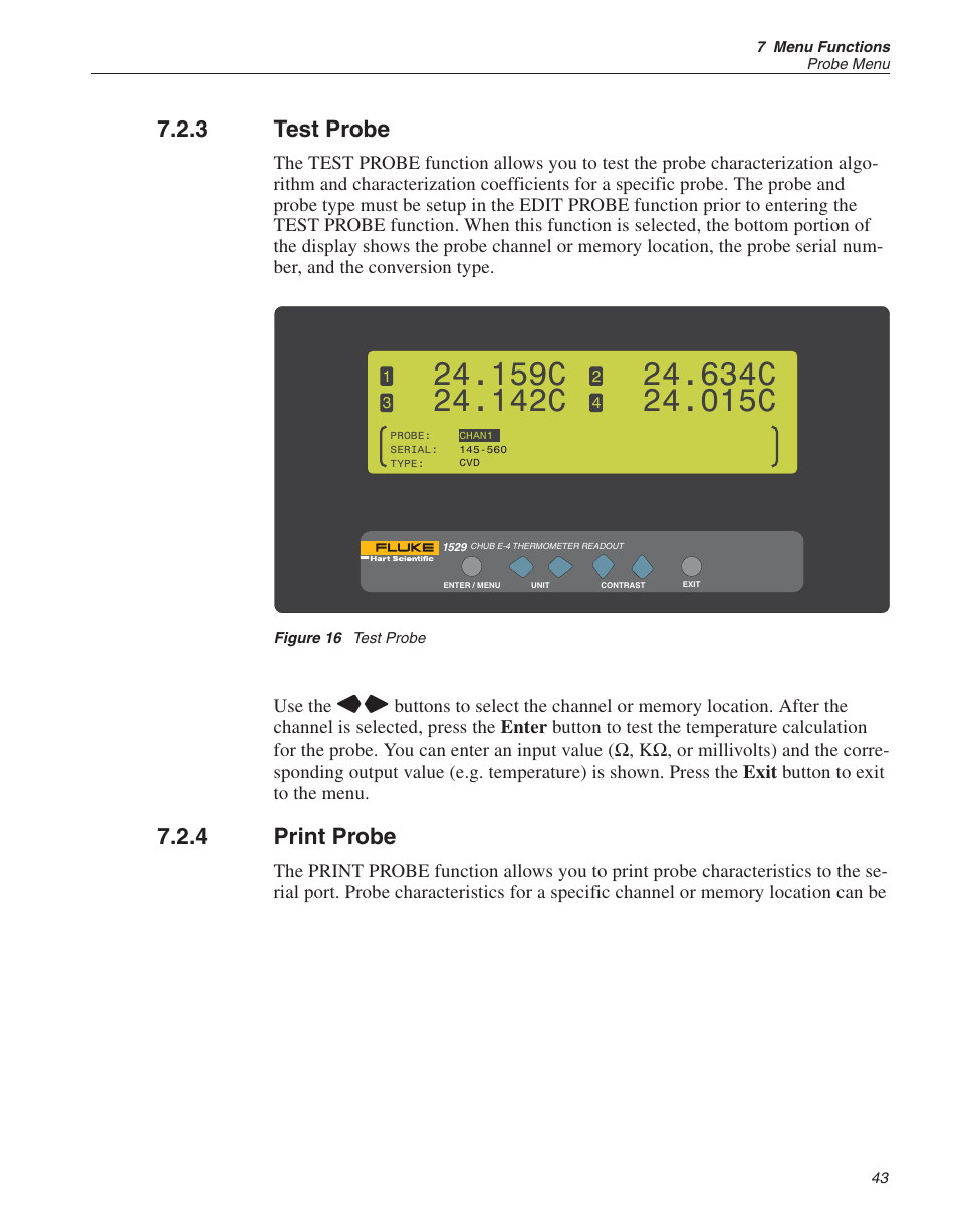 3 test probe 43, 4 print probe 43, Figure 16 test probe 43 | Print probe 43, Test probe 43, Test probe, Print probe, Figure 16, 159c, 142c | Fluke THE HART 1529 User Manual | Page 49 / 150