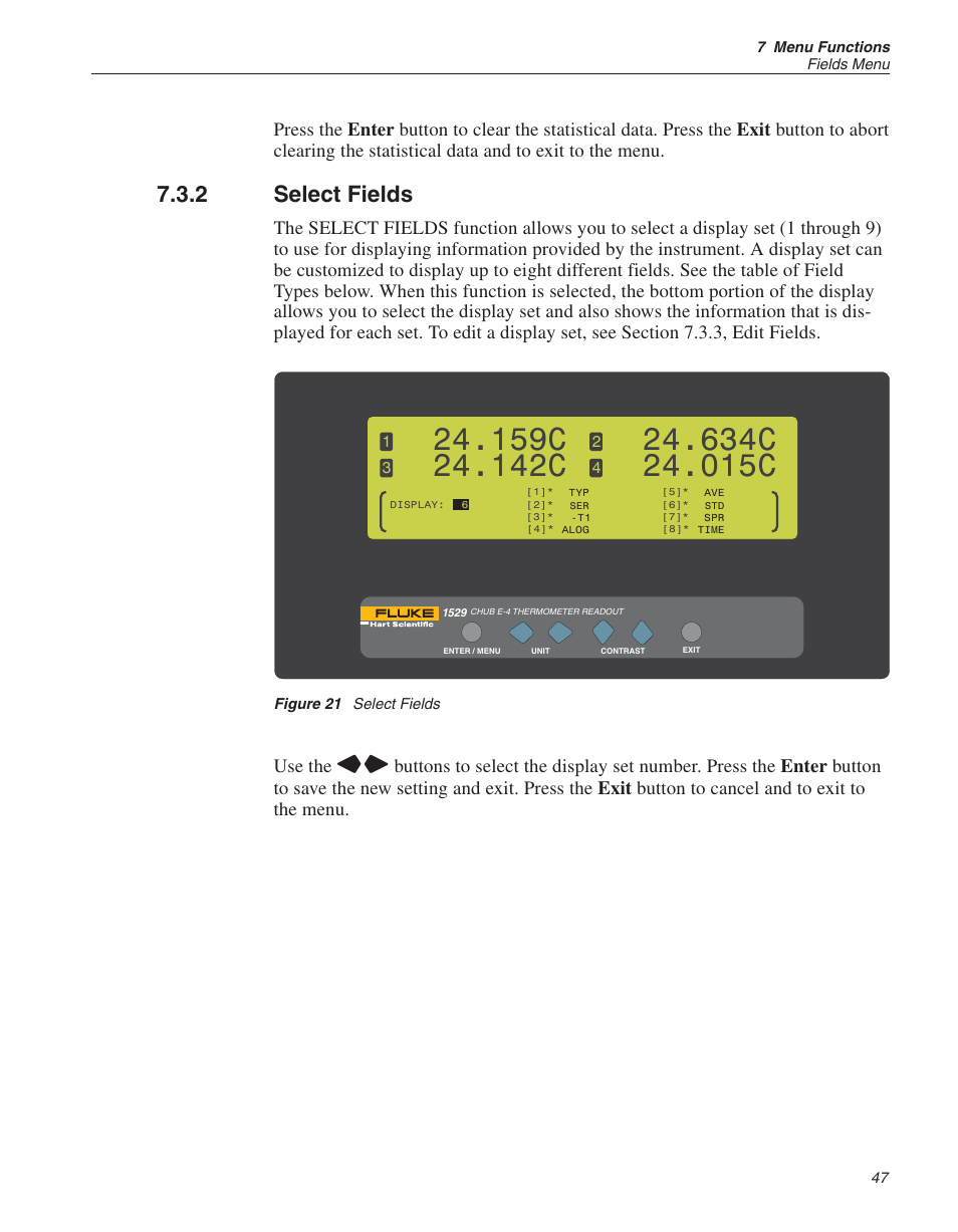 2 select fields 47, Figure 21 select fields 47, Data 47 - 49 | Fields 47 - 49, Field data 47 - 49, Select fields 47, Select fields, Figure 21, 159c, 142c | Fluke THE HART 1529 User Manual | Page 53 / 150