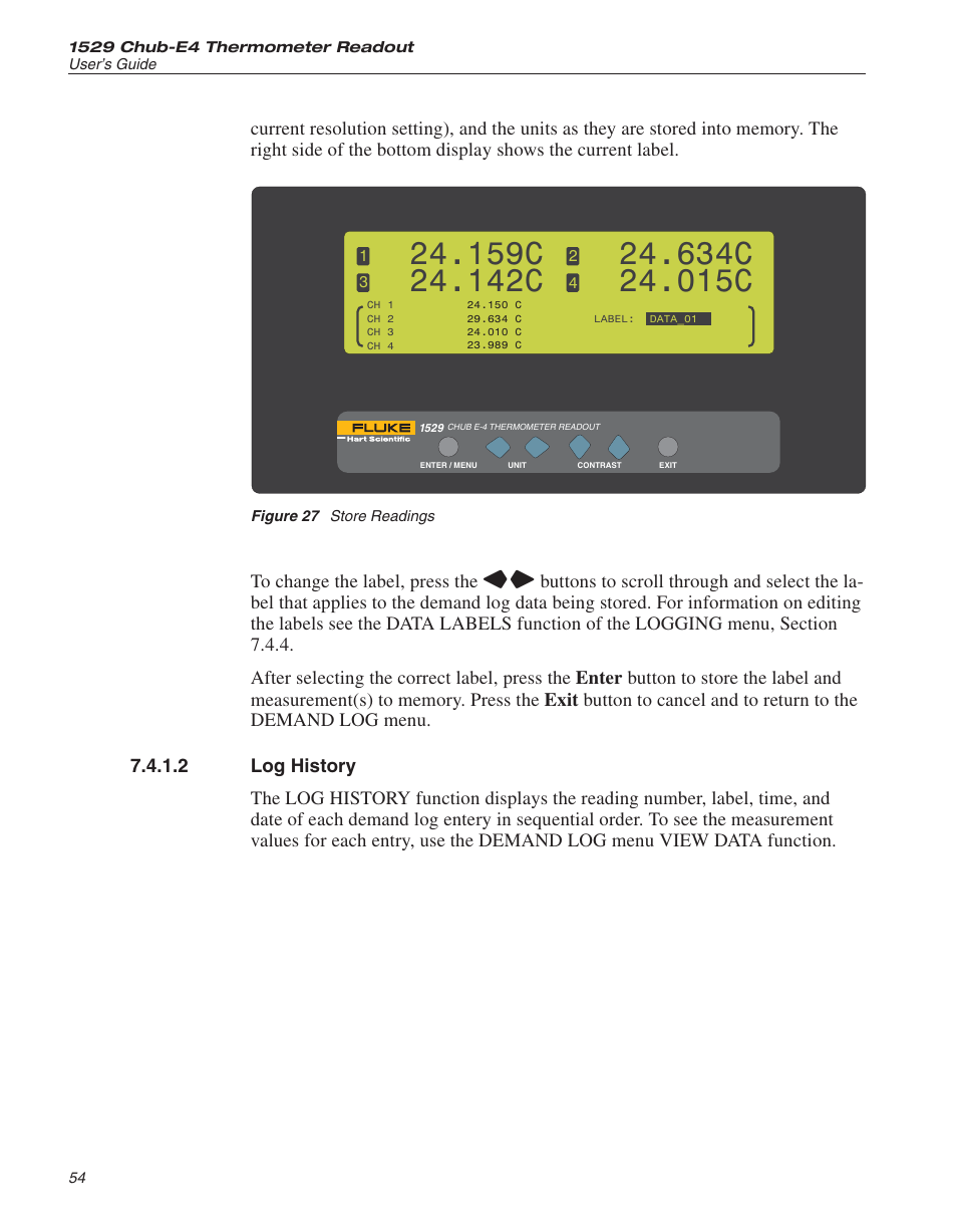 2 log history 54, Figure 27 store readings 54, Log history 54 | Log history, Figure 27, Store readings, 159c, 142c, 634c, 015c | Fluke THE HART 1529 User Manual | Page 60 / 150