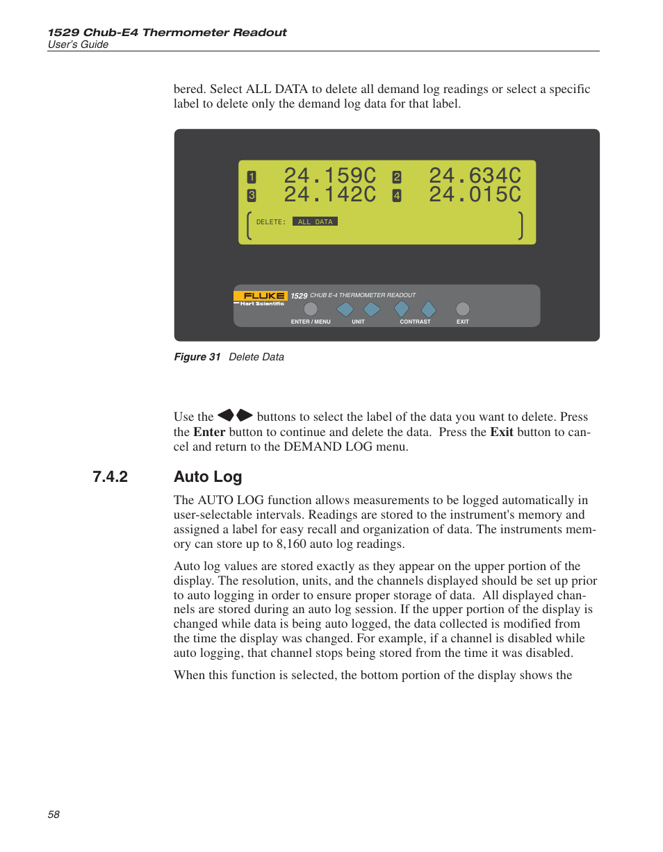 2 auto log 58, Figure 31 delete data 58, Auto log 58 | Auto log, Figure 31, Delete data, 159c, 142c, 634c, 015c | Fluke THE HART 1529 User Manual | Page 64 / 150