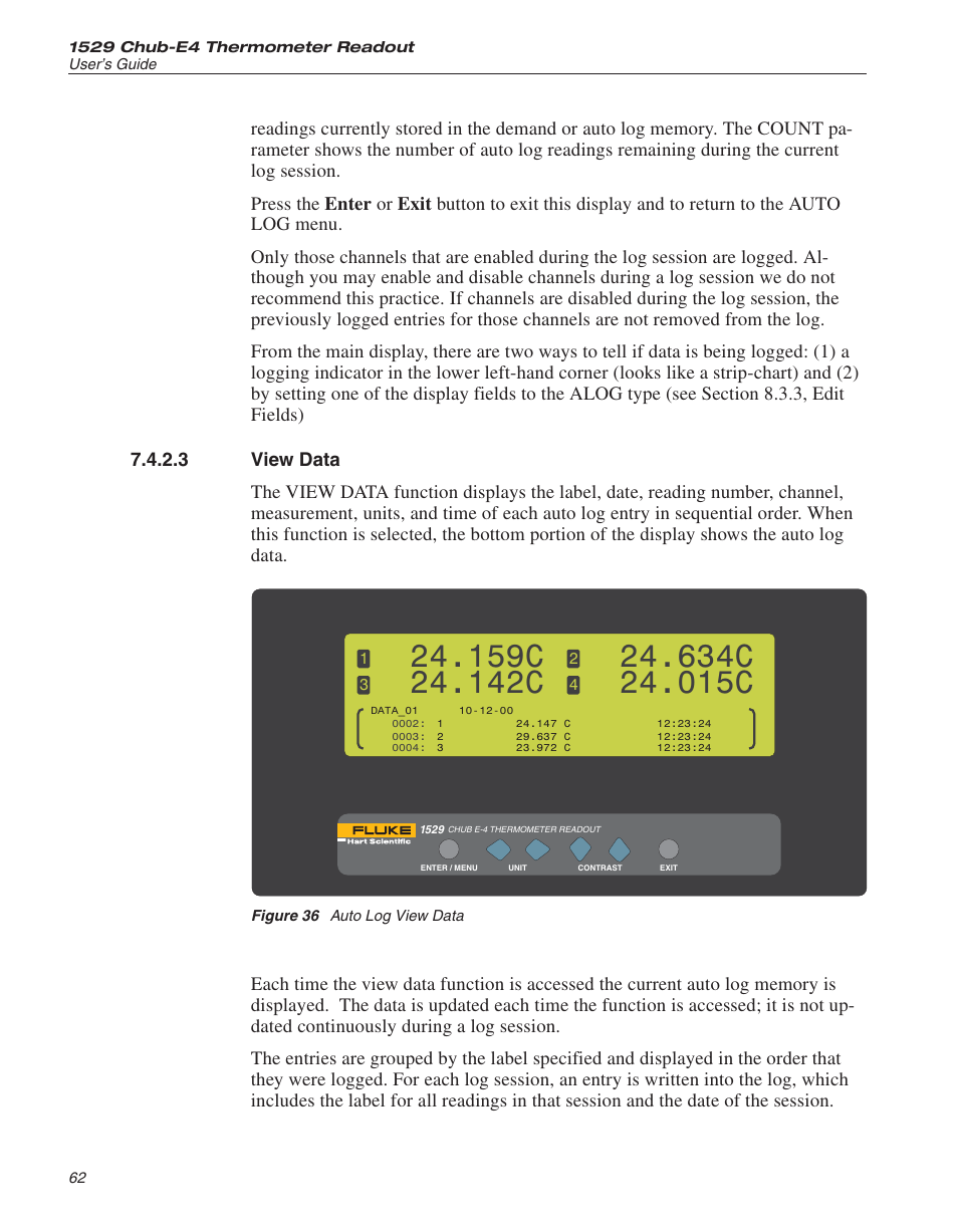 3 view data 62, Figure 36 auto log view data 62, View data | Figure 36, Auto log view data, 159c, 142c, 634c, 015c | Fluke THE HART 1529 User Manual | Page 68 / 150