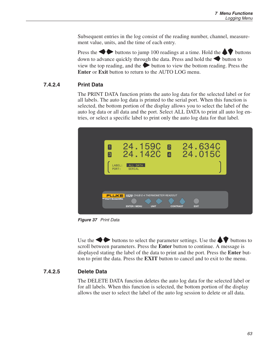 4 print data 63, 5 delete data 63, Figure 37 print data 63 | Print data, Delete data, Figure 37, 159c, 142c, 634c, 015c | Fluke THE HART 1529 User Manual | Page 69 / 150