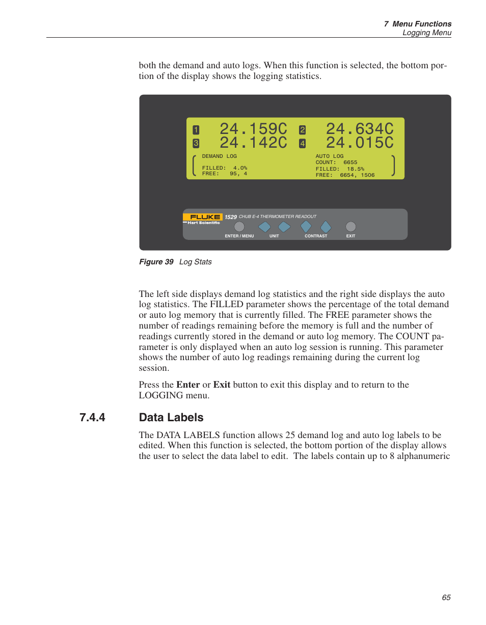 4 data labels 65, Figure 39 log stats 65, Data labels | Figure 39, Log stats, 159c, 142c, 634c, 015c, 4 data labels | Fluke THE HART 1529 User Manual | Page 71 / 150