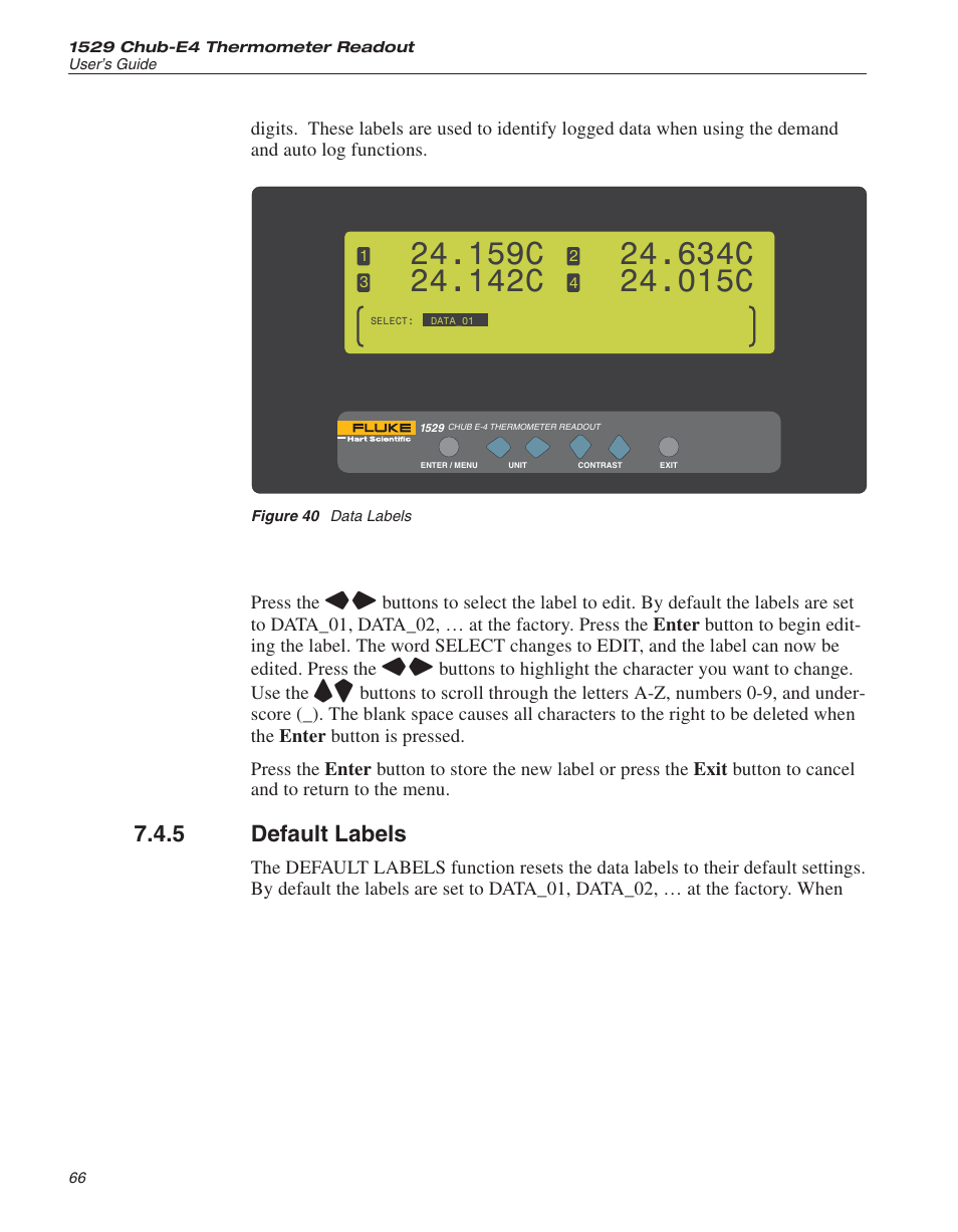 5 default labels 66, Figure 40 data labels 66, Default labels 66 | Default labels, Figure 40, Data labels, 159c, 142c, 634c, 015c | Fluke THE HART 1529 User Manual | Page 72 / 150