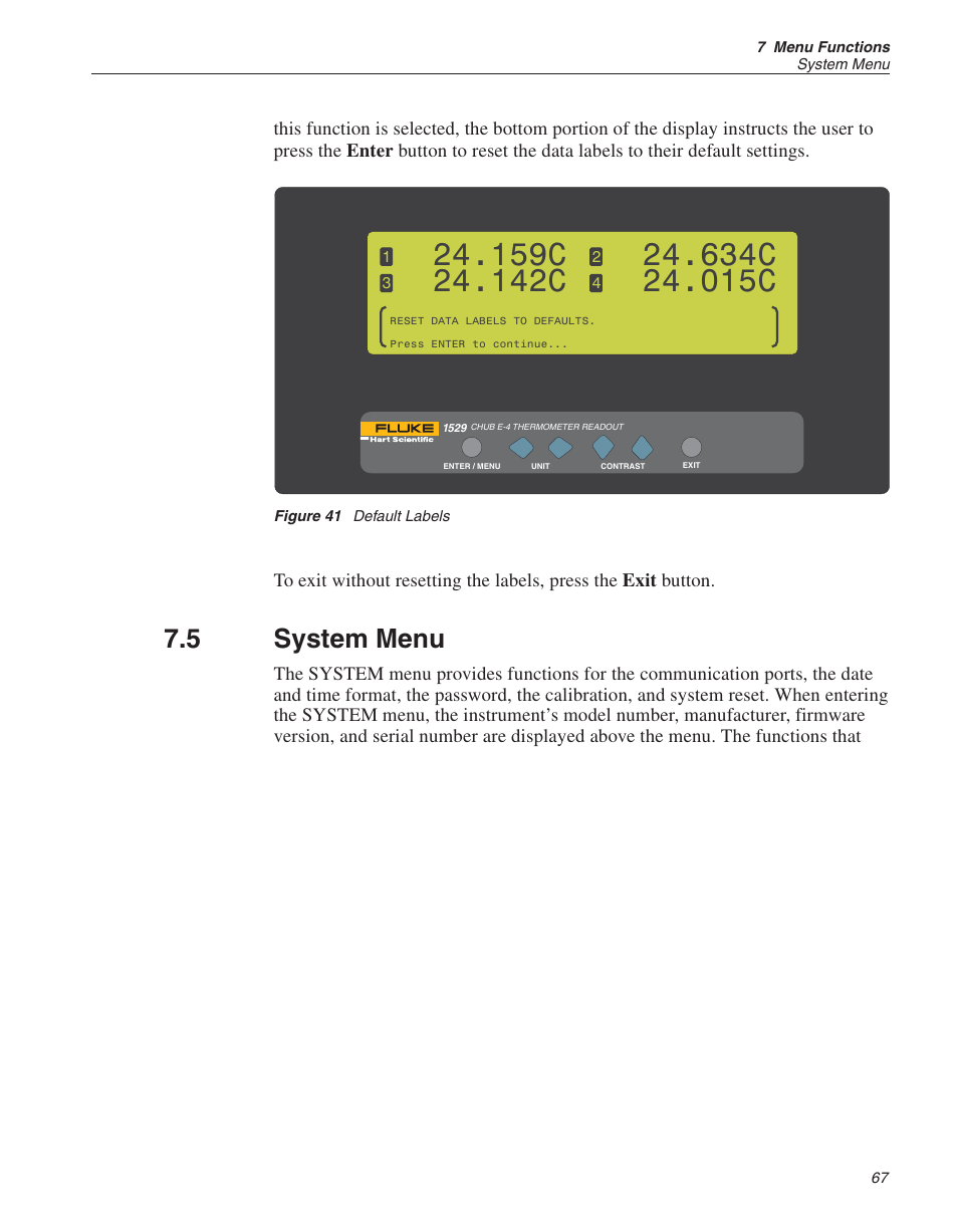 5 system menu 67, Figure 41 default labels 67, System menu 67 | Firmware 67, System menu, Figure 41, Default labels, 159c, 142c, 634c | Fluke THE HART 1529 User Manual | Page 73 / 150