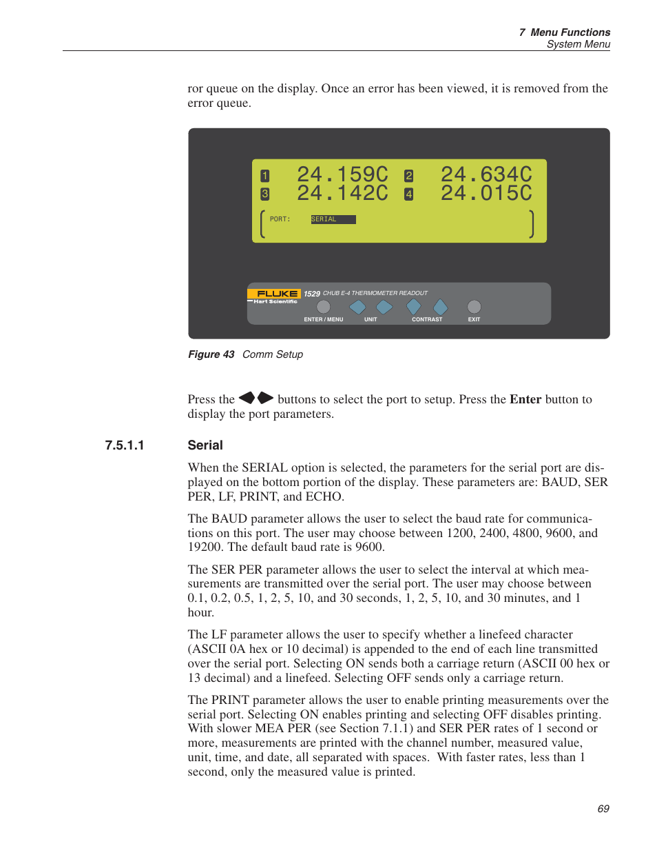1 serial 69, Figure 43 comm setup 69, Baud rate 69 | Linefeed 69, Serial 69, Rs-232 69, 77, Serial period 69, Serial port 69, Serial, Figure 43 | Fluke THE HART 1529 User Manual | Page 75 / 150