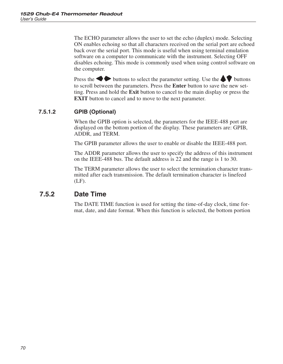 2 gpib (optional) 70, 2 date time 70, Date time 70 | Gpib port 70, Ieee-488 70, 77, Gpib (optional), Date time, 2 date time | Fluke THE HART 1529 User Manual | Page 76 / 150