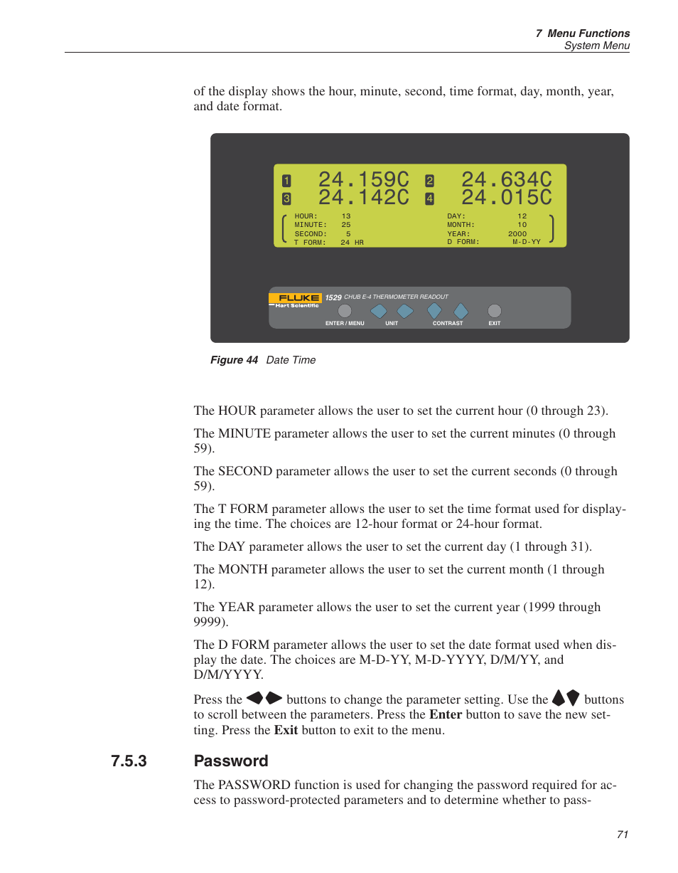 3 password 71, Figure 44 date time 71, Password 71 | Password, Figure 44, Date time, 159c, 142c, 634c, 015c | Fluke THE HART 1529 User Manual | Page 77 / 150