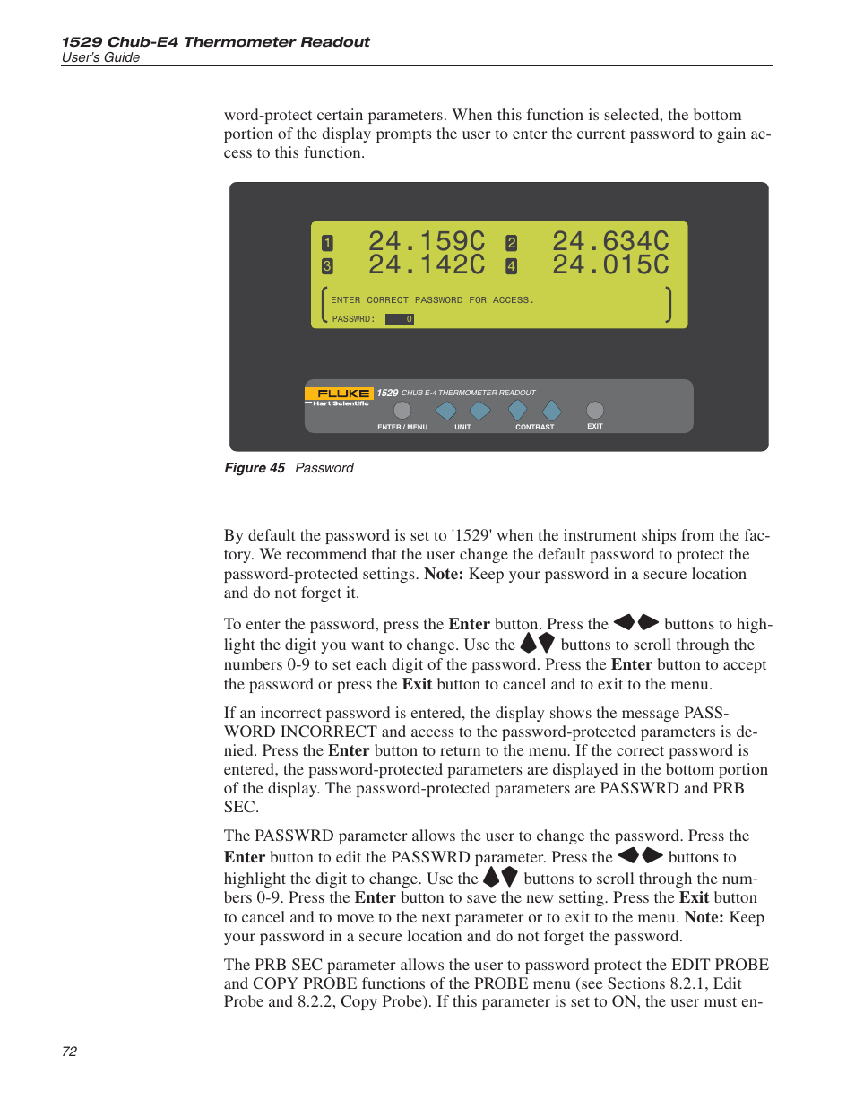 Figure 45 password 72, Password 72, Figure 45 | Password, 159c, 142c, 634c, 015c | Fluke THE HART 1529 User Manual | Page 78 / 150