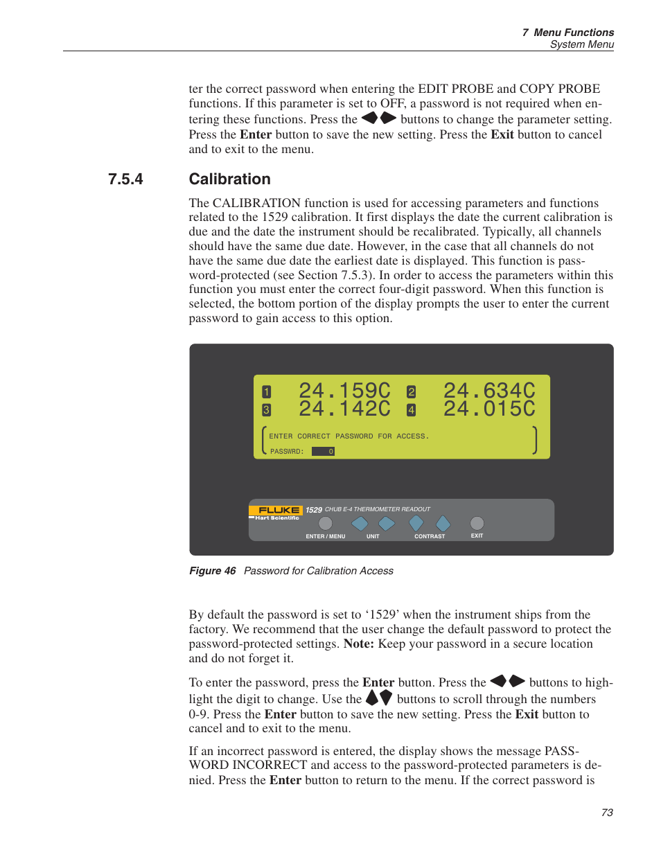 4 calibration 73, Figure 46 password for calibration access 73, Calibration 73 | Calibration, Figure 46, Password for calibration access, 159c, 142c, 634c, 015c | Fluke THE HART 1529 User Manual | Page 79 / 150